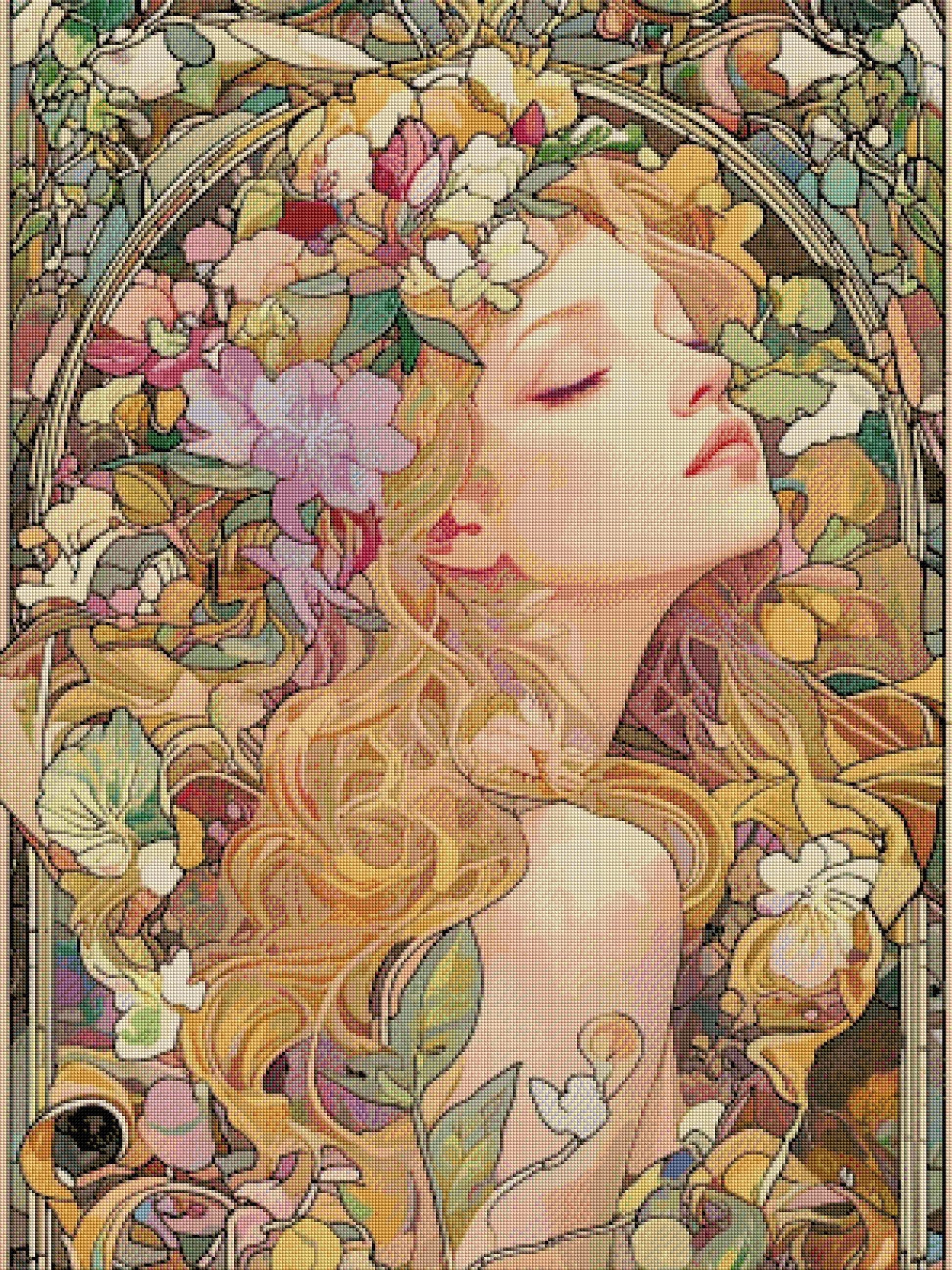Gerahmtes 5D Diamond Painting Wandbild der Floralem Muse im Jugendstil mit tausenden funkelnden Mosaiksteinen.