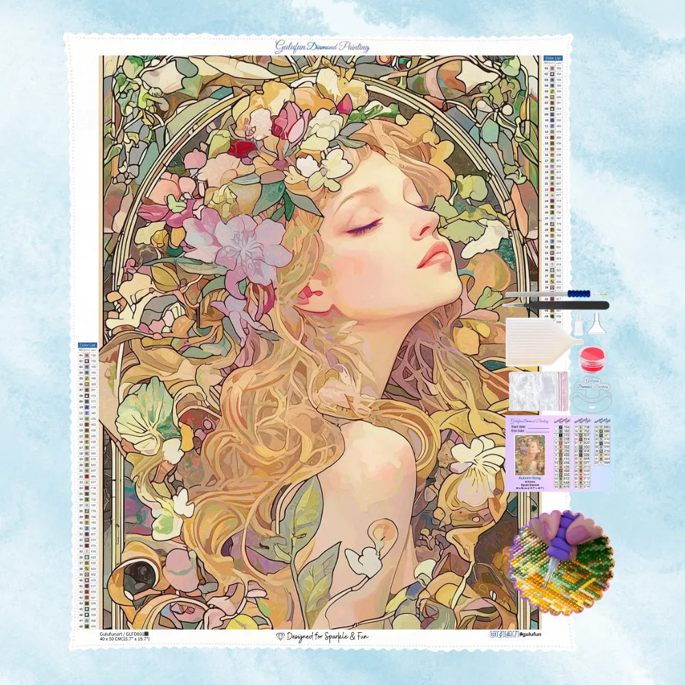 Diamond Painting Motiv eines eleganten Jugendstil Porträts einer verträumten Frau, umrahmt von pastellfarbenen Blumen im Mucha-Stil