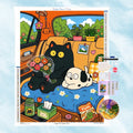 Diamond Painting Set mit schwarzer Katze und Hund auf der Autorückbank mit Blumenstrauß