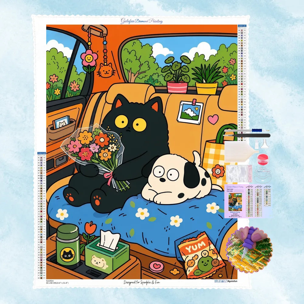 Diamond Painting Set mit schwarzer Katze und Hund auf der Autorückbank mit Blumenstrauß