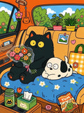 Original Illustration einer schwarzen Katze mit Blumenstrauß und Hund im Auto für Diamond Painting