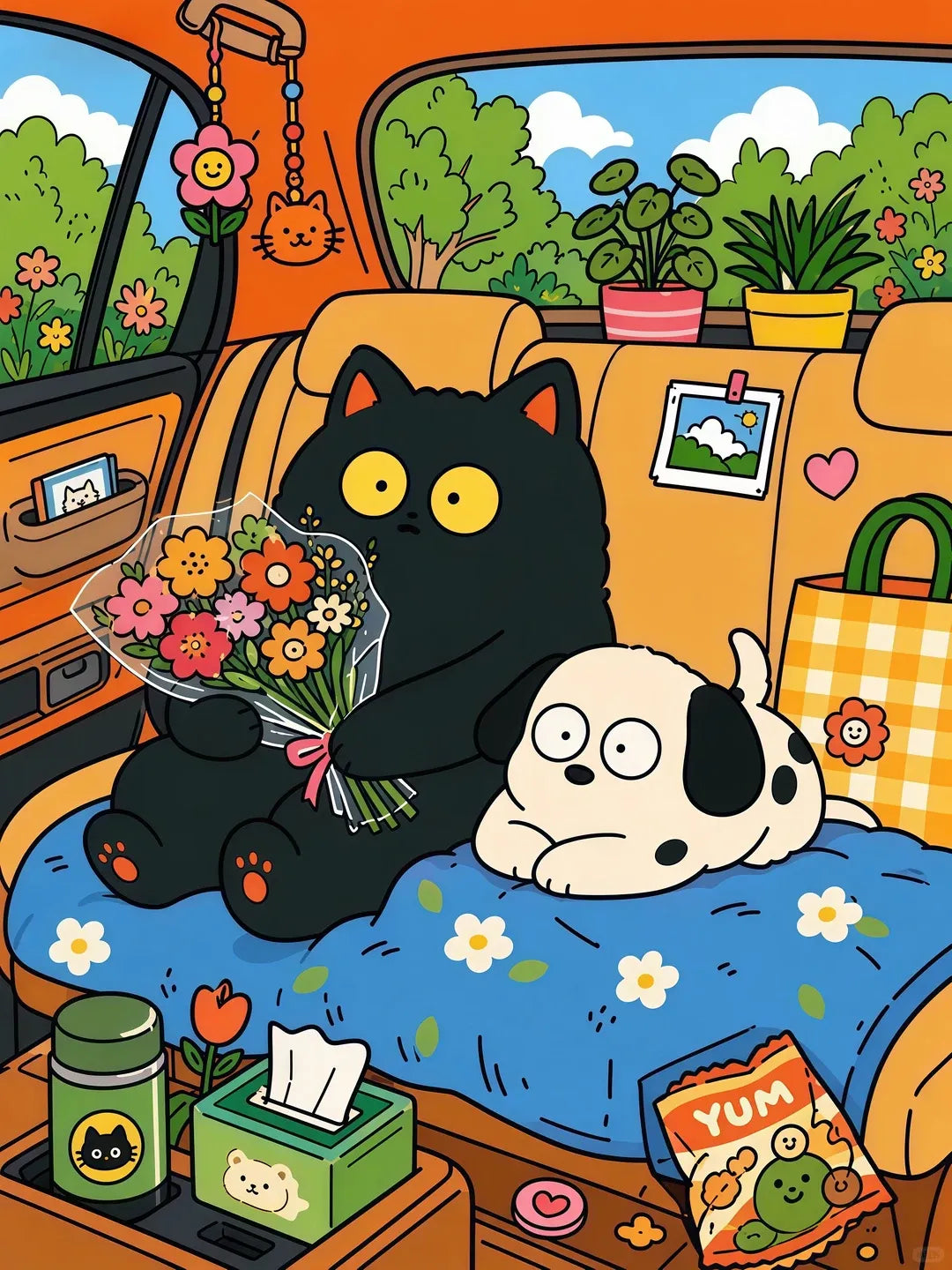 Original Illustration einer schwarzen Katze mit Blumenstrauß und Hund im Auto für Diamond Painting