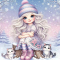 Nahaufnahme der niedlichen Details und funkelnden Steine für das Wintermädchen Diamond Painting Set