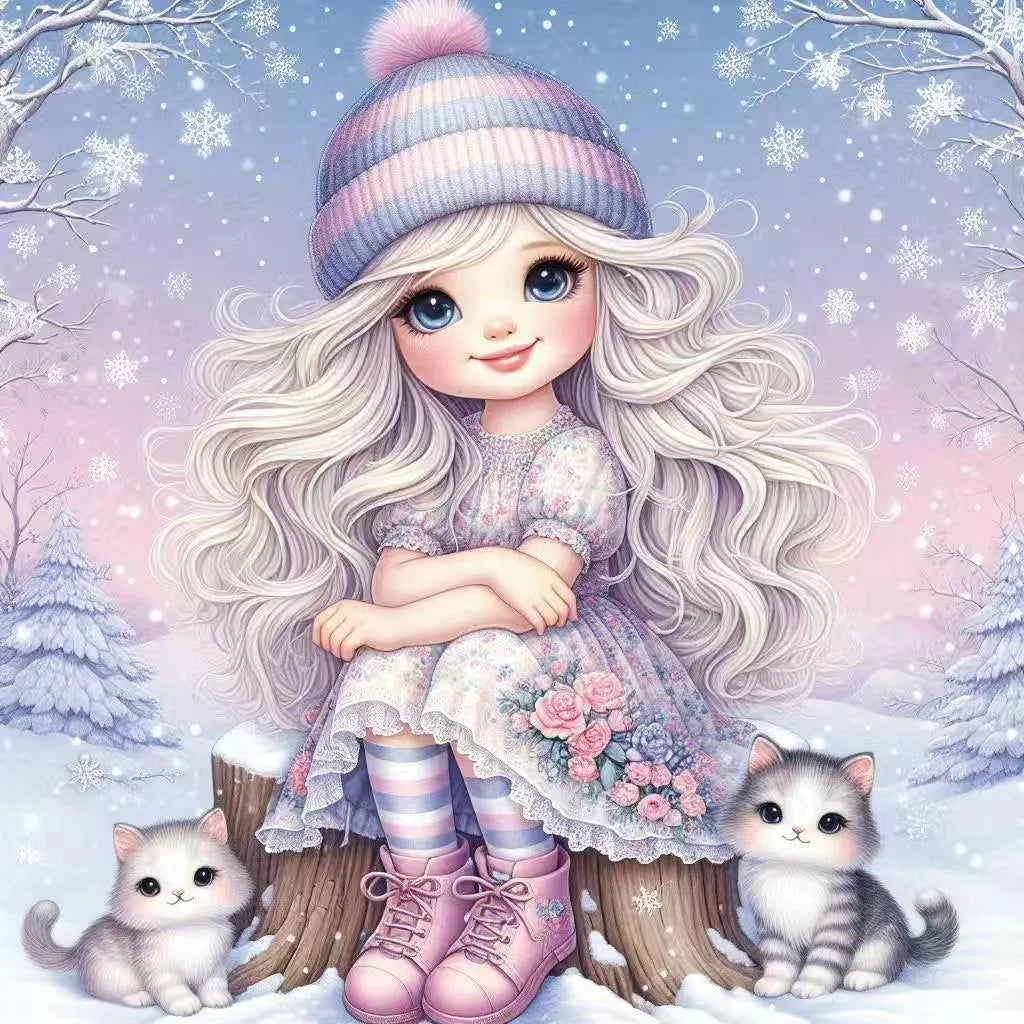 Nahaufnahme der niedlichen Details und funkelnden Steine für das Wintermädchen Diamond Painting Set