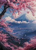 Gerahmtes 5D Diamond Painting Wandbild mit dem Motiv Kirschblütenzauber am Fuji zur Raumdekoration.