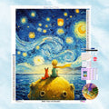 5D Diamond Painting Set Motiv Der kleine Prinz mit Fuchs unter Sternenhimmel im Van-Gogh-Stil