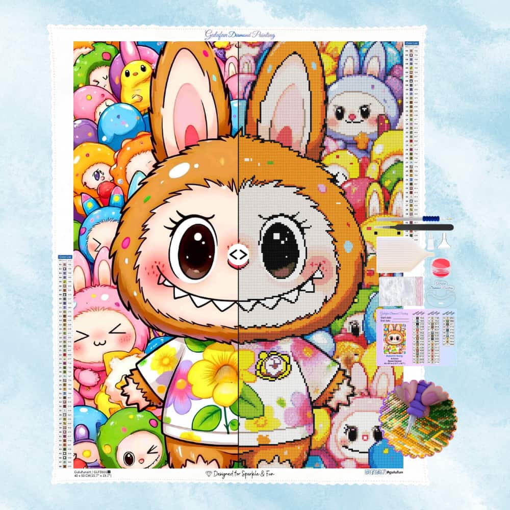 Diamond Painting Motiv des beliebten Pop Mart Labubu Monsters im Hasenkostüm, umgeben von kleinen Häschen