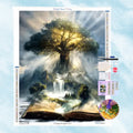 5D Diamond Painting Motiv: Ein gigantischer, leuchtender Lebensbaum mit einem Wasserfall, der von magischem Sonnenlicht beschienen aus einem alten Buch wächst.