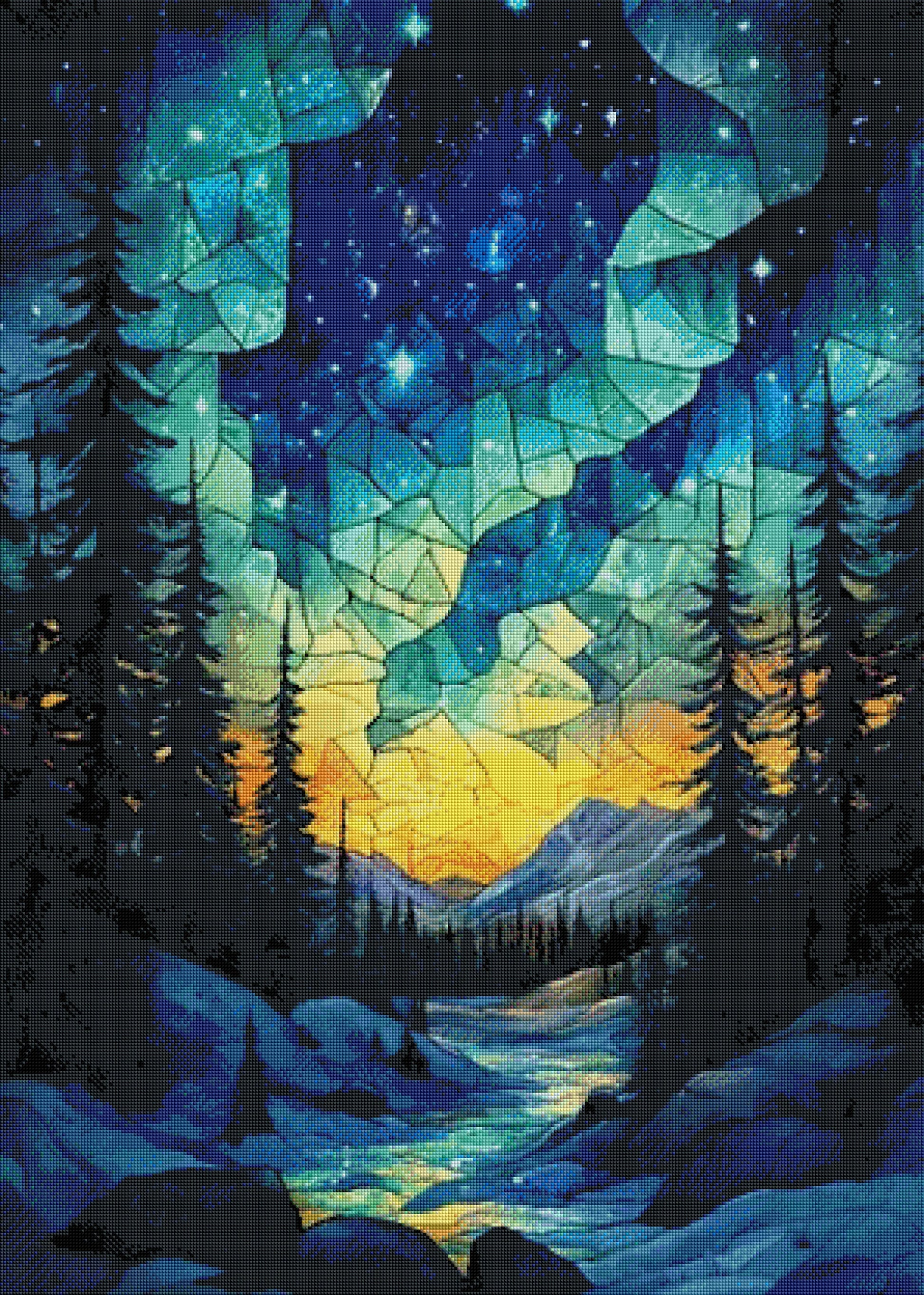 Gerahmtes 5D Diamond Painting Wandbild mit dem Motiv eines leuchtenden Mosaik-Waldes zur Raumdekoration.