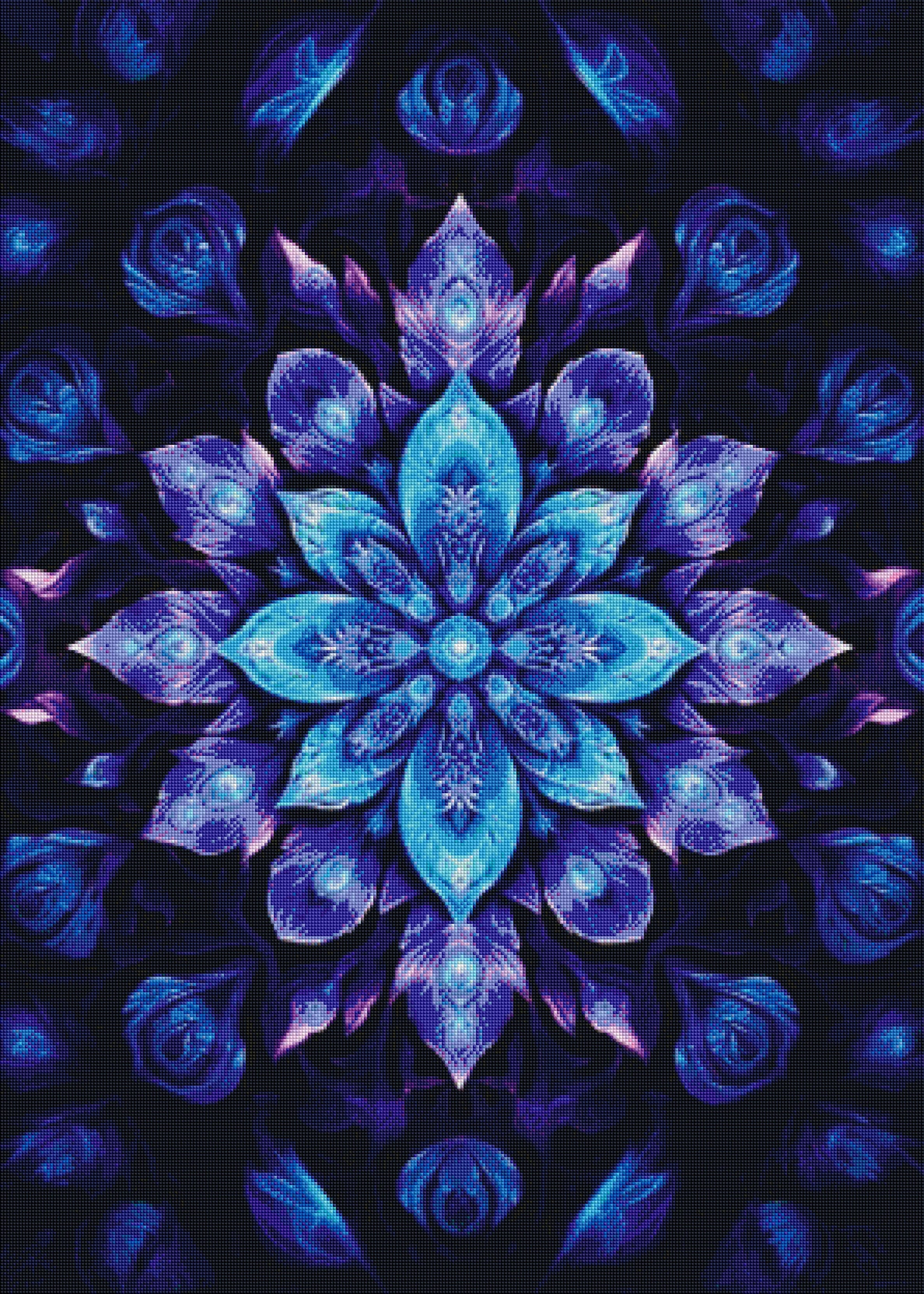 Gerahmtes 5D Diamond Painting Wandbild mit leuchtendem Mandala in Blau und Lila, funkelnd und texturiert an einer Wohnzimmerwand.
