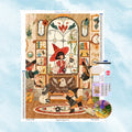 Diamond Painting Set mit Hexenlehrerin, Zauberlehrlingen, Eule und Schaf im Klassenzimmer