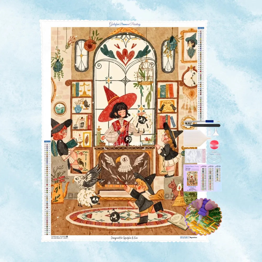 Diamond Painting Set mit Hexenlehrerin, Zauberlehrlingen, Eule und Schaf im Klassenzimmer