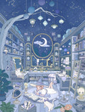 Original Kunst-Vorlage einer Hexe mit Katze und Büchern in der Sternewarte für Diamond Painting
