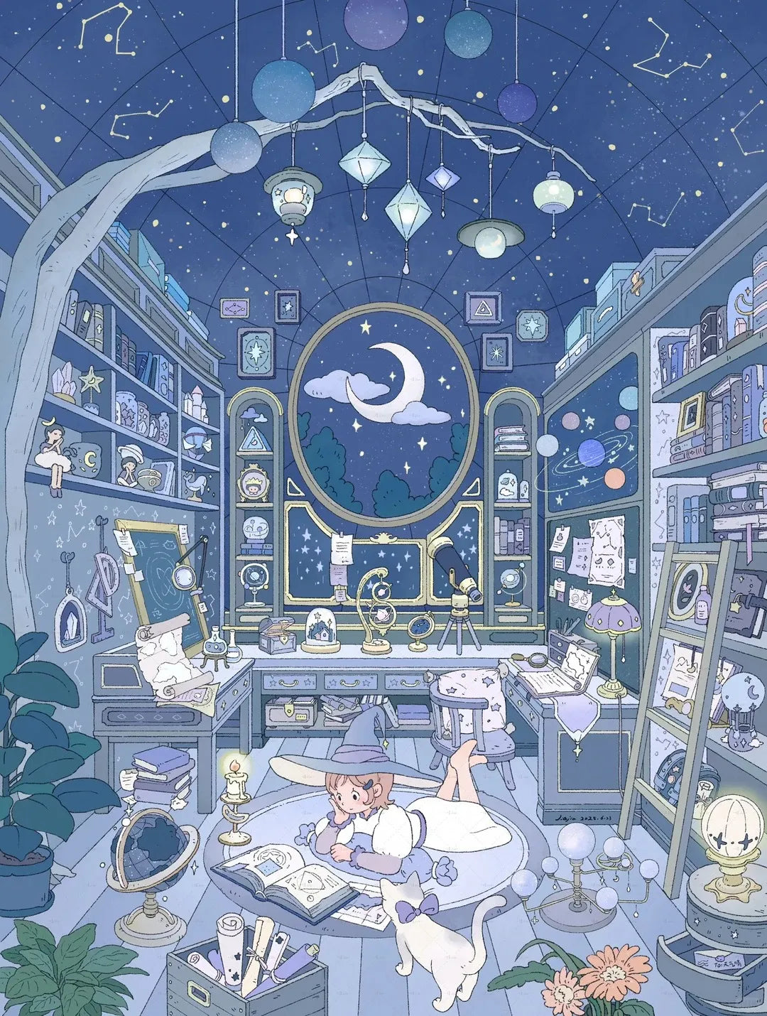 Original Kunst-Vorlage einer Hexe mit Katze und Büchern in der Sternewarte für Diamond Painting