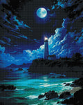 Gerahmtes 5D Diamond Painting Wandbild mit dem Motiv eines magischen Leuchtturms zur Raumdekoration.