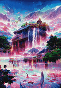 Gerahmtes 5D Diamond Painting Wandbild mit dem Motiv eines magischen Wasserfalls zur Raumdekoration.
