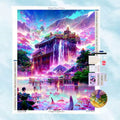 Diamond Painting Motiv eines farbenfrohen magischen Wasserfalls mit asiatischem Tempel in einer leuchtenden Fantasy-Landschaft