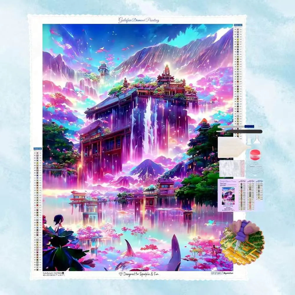 Diamond Painting Motiv eines farbenfrohen magischen Wasserfalls mit asiatischem Tempel in einer leuchtenden Fantasy-Landschaft