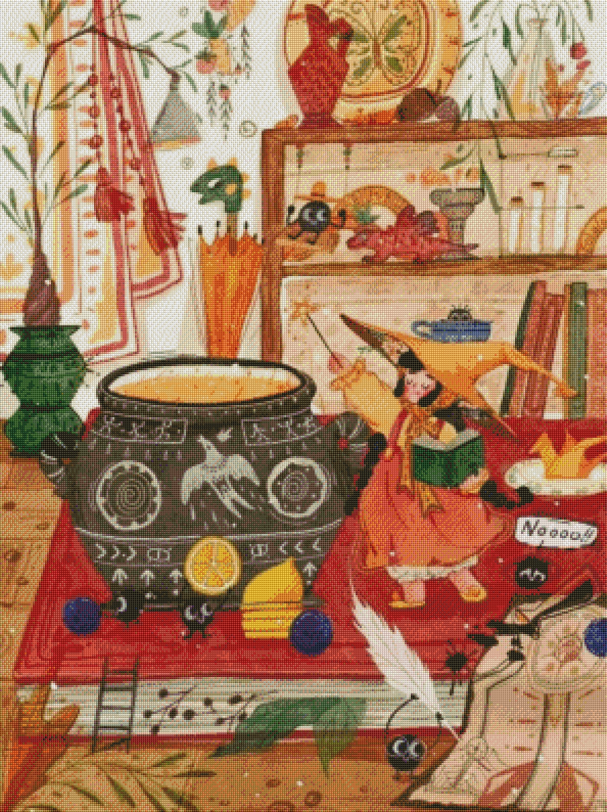 Fertiges Diamond Painting Bild einer Hexe mit Zaubertrank als bunte Wanddekoration im Kinderzimmer