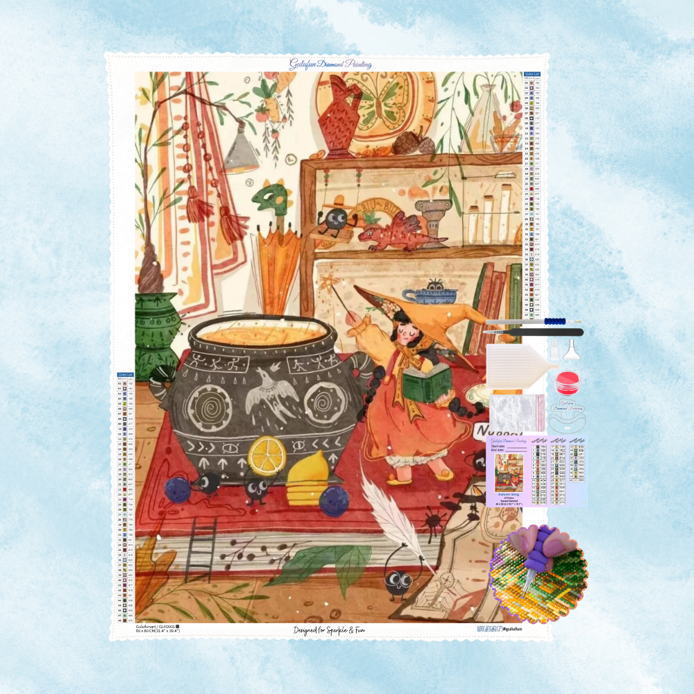Diamond Painting Set mit kleiner Hexe am Zauberkessel und lustigen Wesen