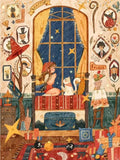 Original Kunst-Illustration eines Mädchens mit Katze am Fenster für Diamond Painting