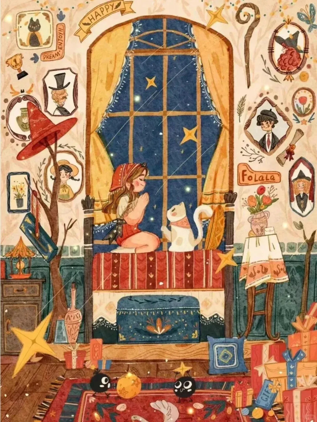 Original Kunst-Illustration eines Mädchens mit Katze am Fenster für Diamond Painting