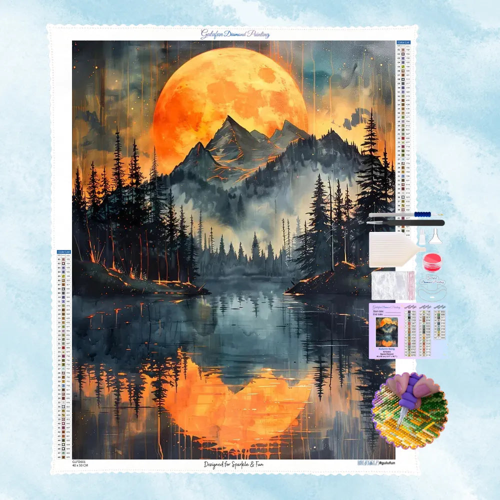 5D Diamond Painting Motiv "Mondnacht über den Bergen": Goldener Vollmond über Bergspitzen, Tannenwald und See mit Mondspiegelung, DIY Diamantbild für Wanddekoration