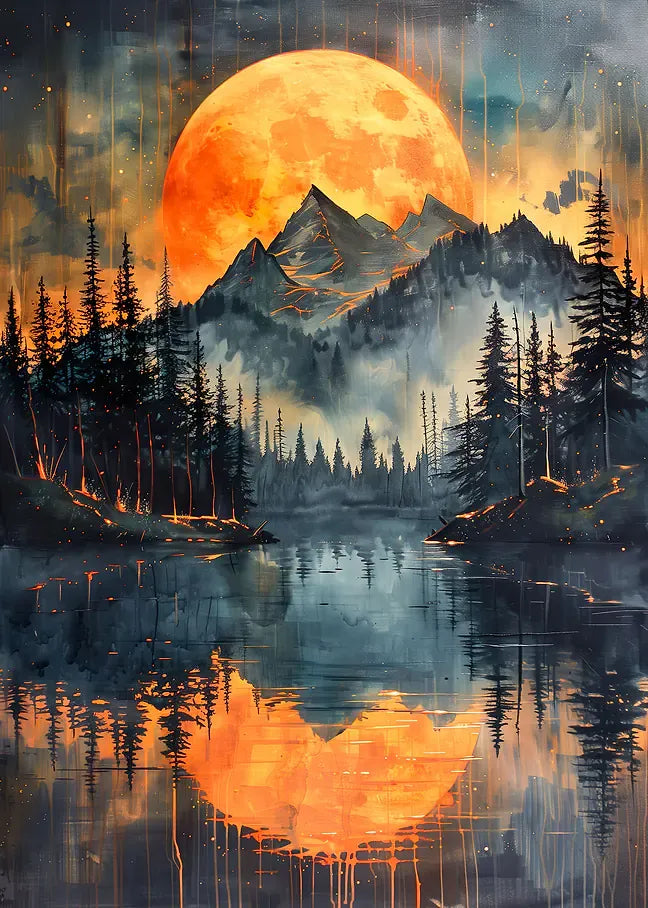5D Diamond Painting Motiv "Mondnacht über den Bergen": Leuchtender goldener Vollmond über schroffen Bergspitzen, dichten Tannenwäldern und einem stillen Bergsee mit perfekter Mondspiegelung, DIY Diamantbild für entspannte Stunden und einzigartige Wanddekoration
