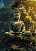 Gerahmtes 5D Diamond Painting Wandbild mit dem Motiv eines moosbedeckten Buddhas im Licht des Urwalds zur Raumdekoration.