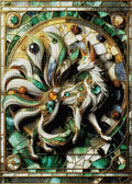Gerahmtes 5D Diamond Painting Wandbild mit dem Motiv einer mystischen Mosaik-Kitsune zur Raumdekoration.