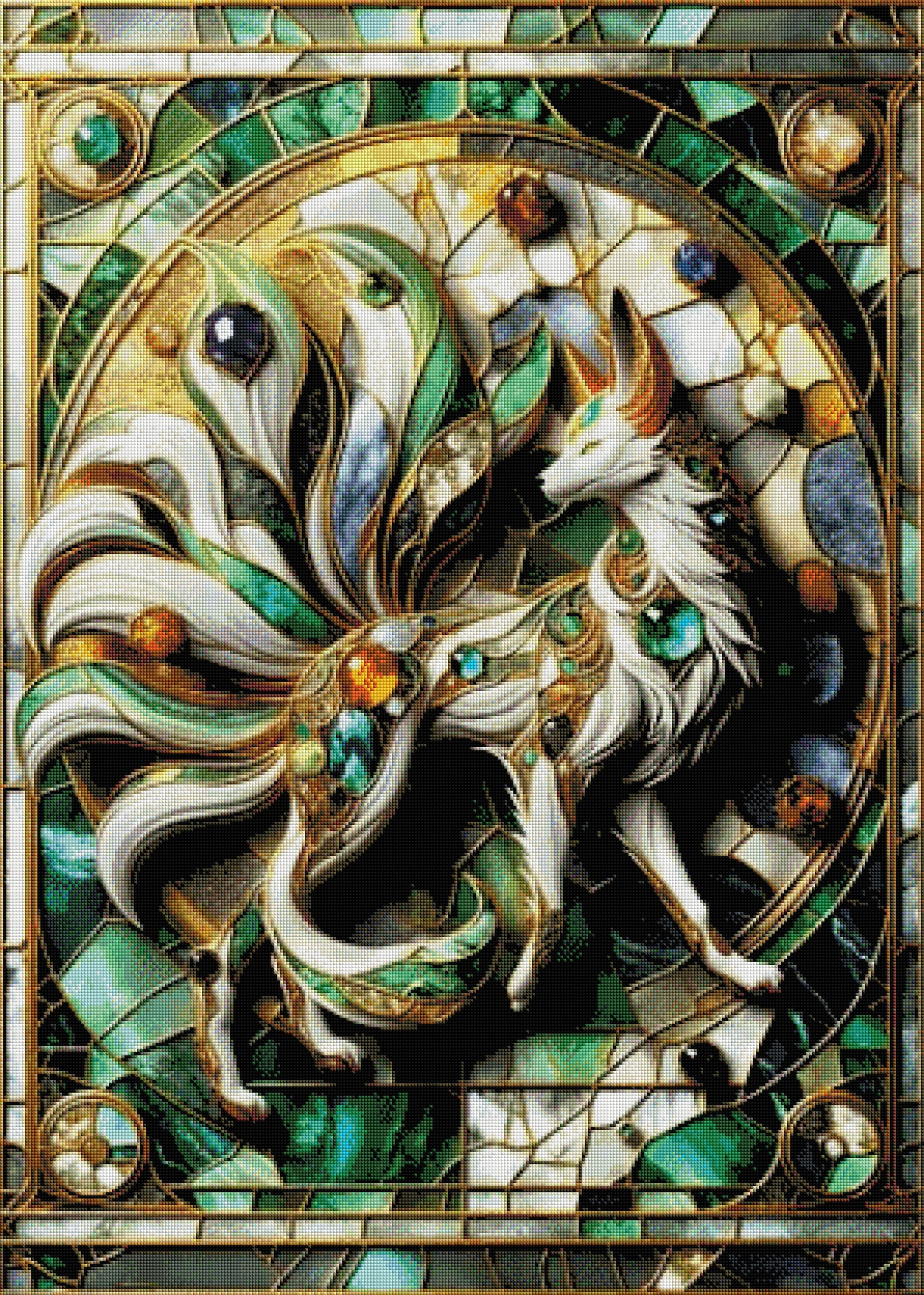 Gerahmtes 5D Diamond Painting Wandbild mit dem Motiv einer mystischen Mosaik-Kitsune zur Raumdekoration.