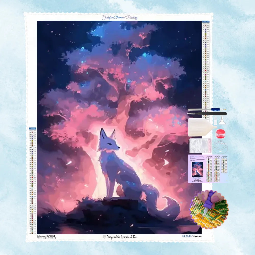 5D Diamond Painting Motiv: Ein mystischer weißer Fuchs sitzt im Sternenlicht vor einem magisch leuchtenden, pinken Baum.