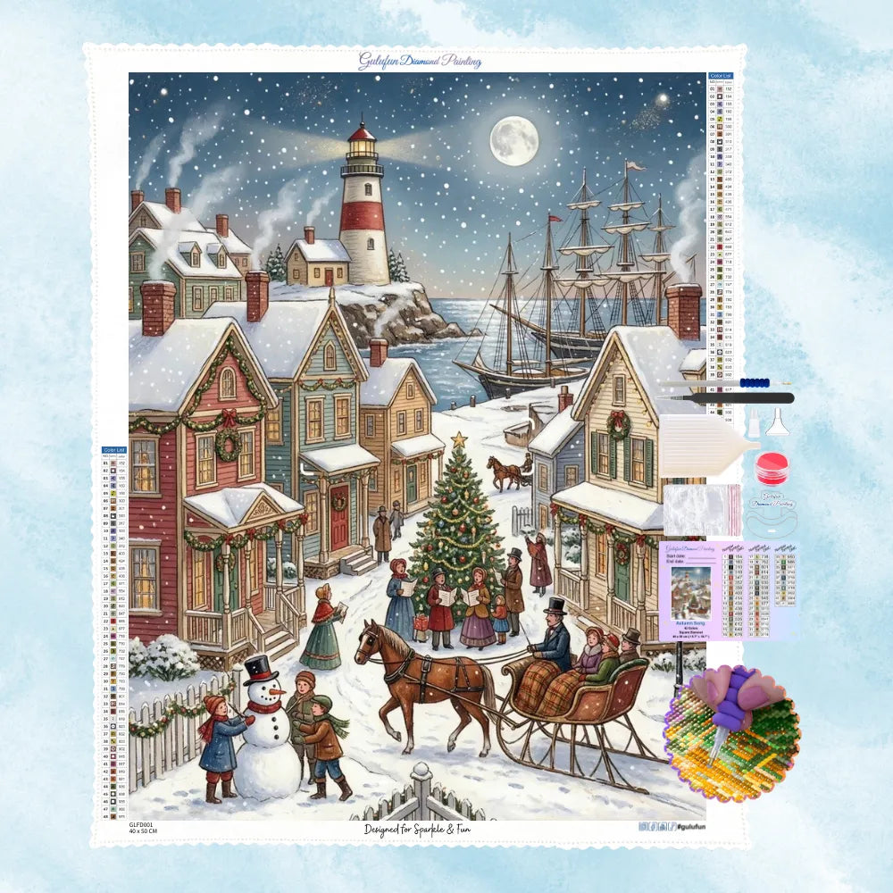5D Diamond Painting Set mit einem verschneiten Winterdorf, singenden Menschen, Pferdeschlitten und einem Leuchtturm bei Nacht.