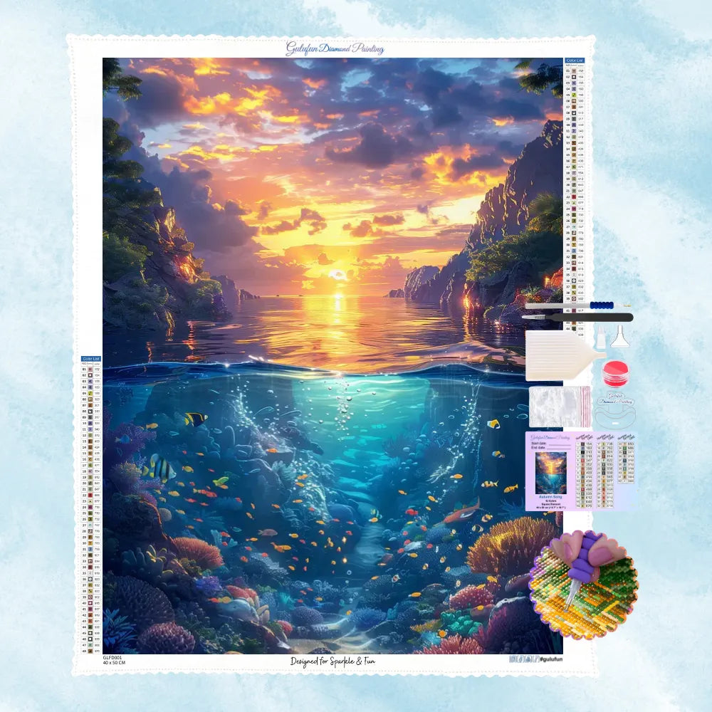 5D Diamond Painting Set mit zweigeteiltem Motiv eines Sonnenuntergangs am Meer und eines bunten Korallenriffs