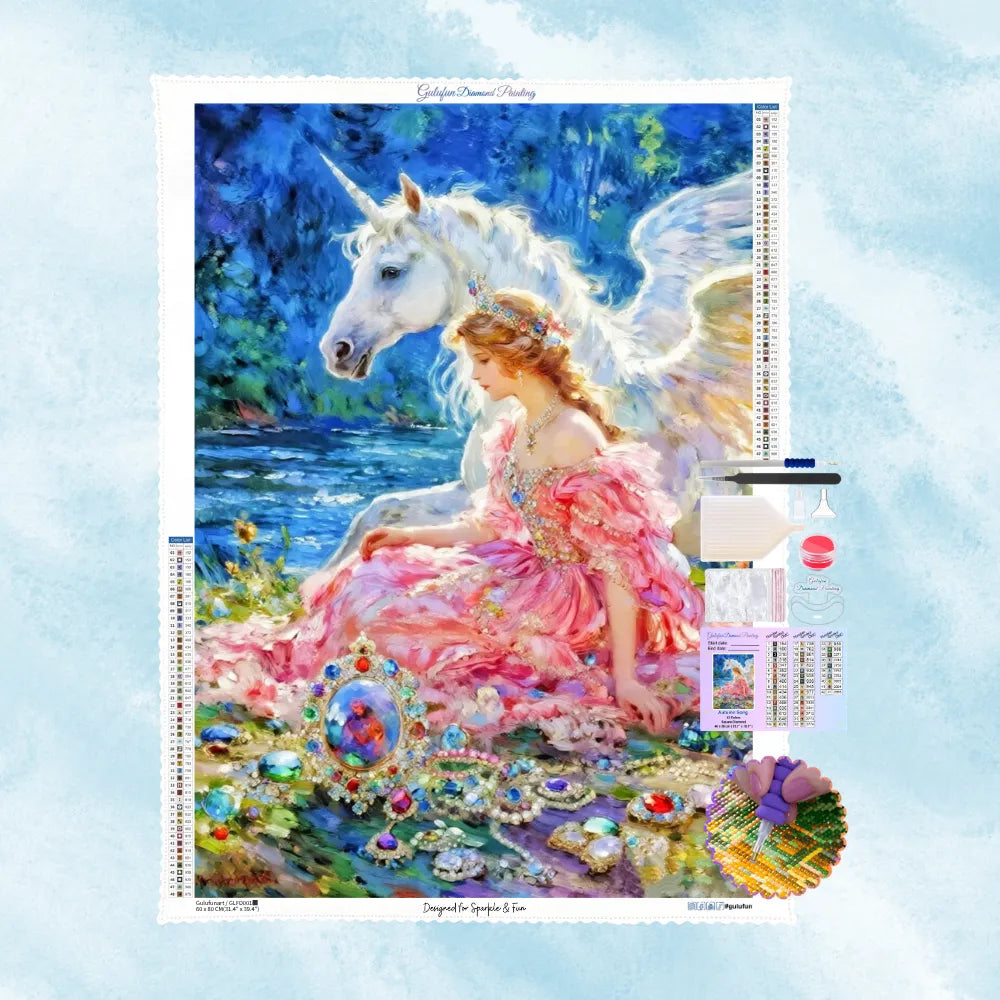 5D Diamond Painting Set mit einer anmutigen Prinzessin im rosa Kleid und einem weißen, geflügelten Einhorn am See.