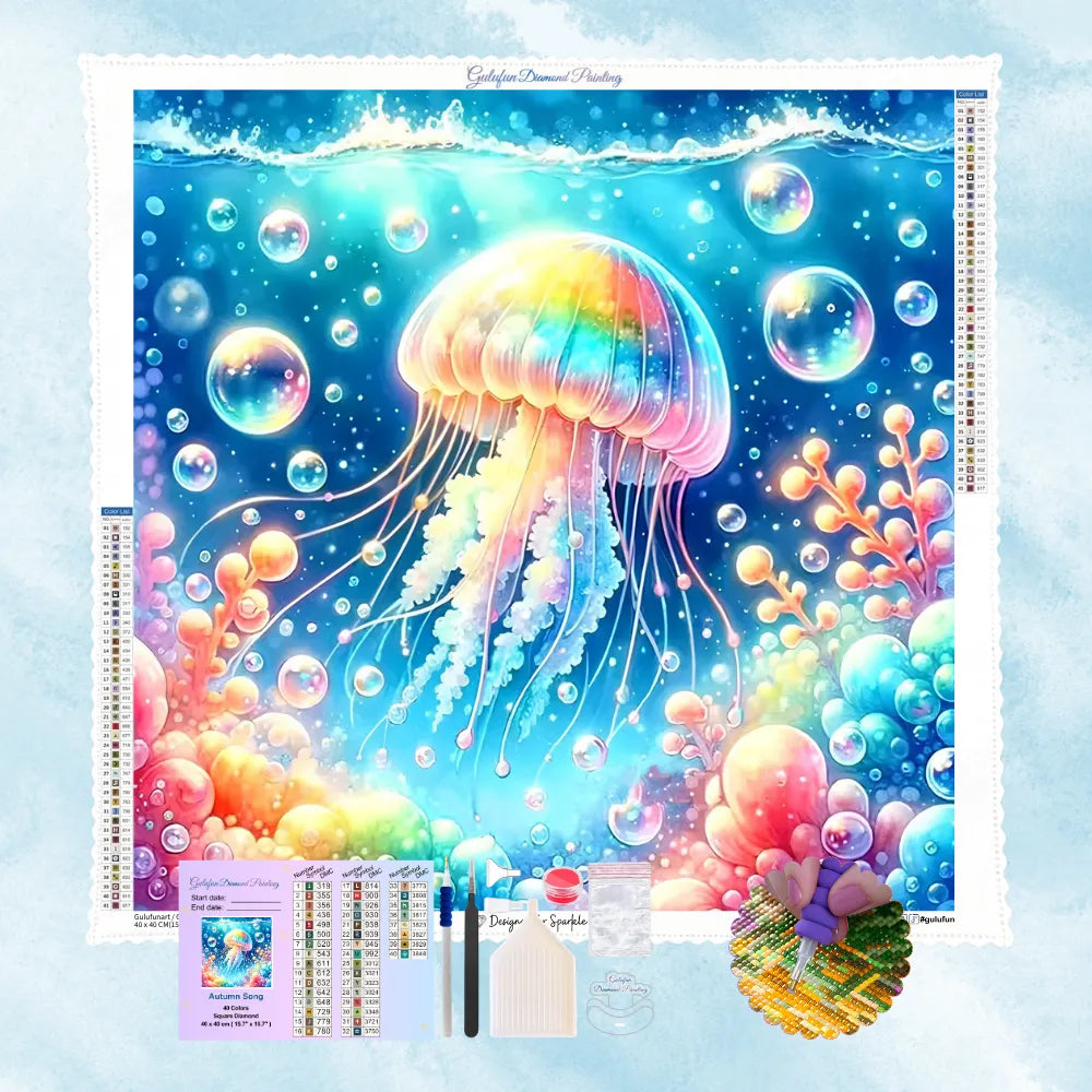 5D Diamond Painting Set mit einer bunten, leuchtenden Qualle und schillernden Wasserblasen im pastellfarbenen Ozean.