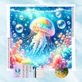 5D Diamond Painting Set mit einer bunten, leuchtenden Qualle und schillernden Wasserblasen im pastellfarbenen Ozean.