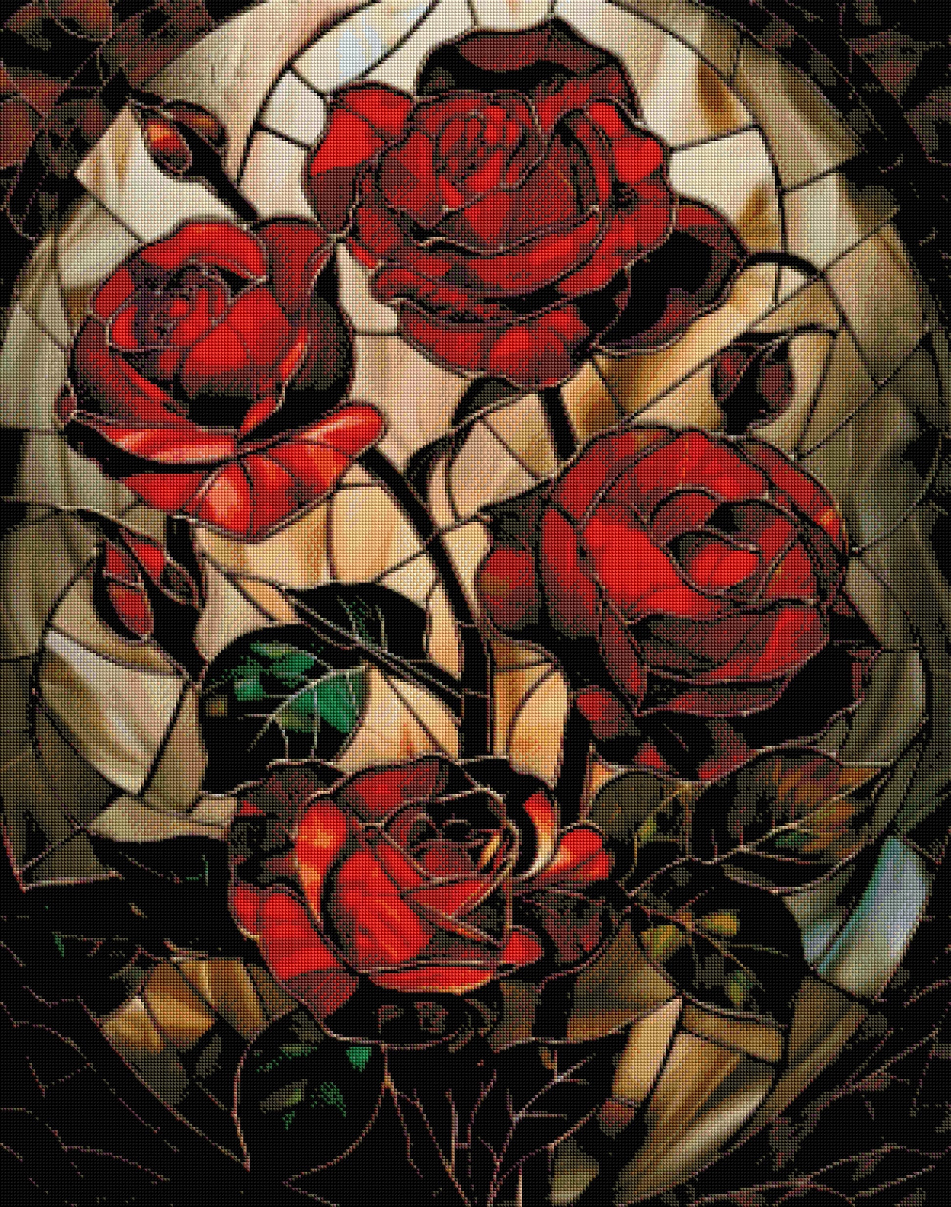 Gerahmtes Diamond Painting Wandbild mit Motiv roter Rosen im Glasmalerei-Stil zur Innendekoration.
