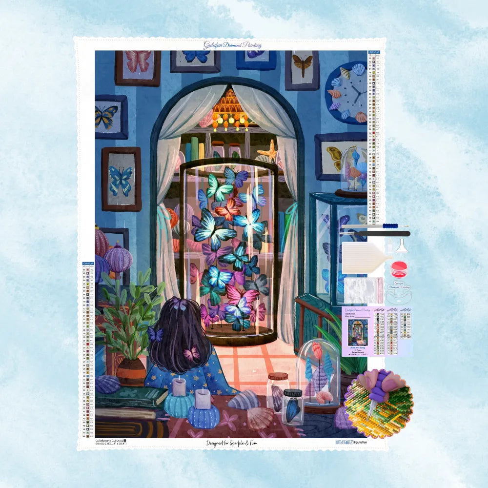 Diamond Painting Set mit Schmetterlingssammlung im Glasbehälter und Mädchen im blauen Zimmer