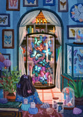 Original Kunst-Illustration einer Schmetterlingssammlerin im Zimmer für Diamond Painting