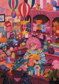 Fertiges Diamond Painting Bild einer Spielzeugwerkstatt als fröhliche Wanddekoration im Hobbyraum
