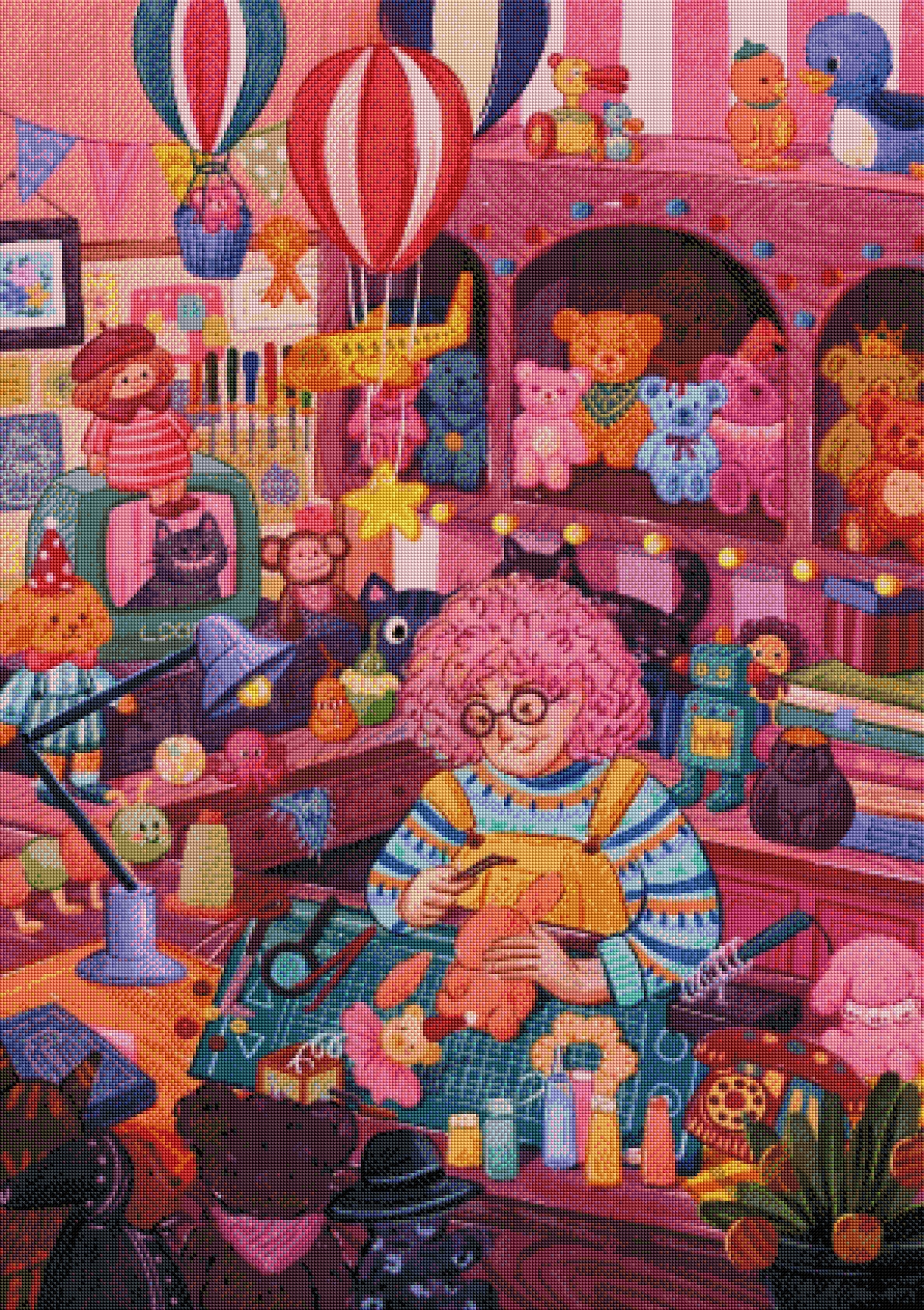Fertiges Diamond Painting Bild einer Spielzeugwerkstatt als fröhliche Wanddekoration im Hobbyraum