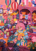 Original Illustration einer Oma beim Spielzeugmachen mit Kuscheltieren für Diamond Painting