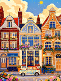 Nahaufnahme der bunten Blumen und architektonischen Details der Häuser für das Altstadt Diamond Painting Set