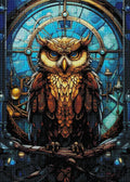Gerahmtes 5D Diamond Painting Wandbild mit dem Motiv einer Steampunk Eule vor einem Uhrwerk zur Raumdekoration.