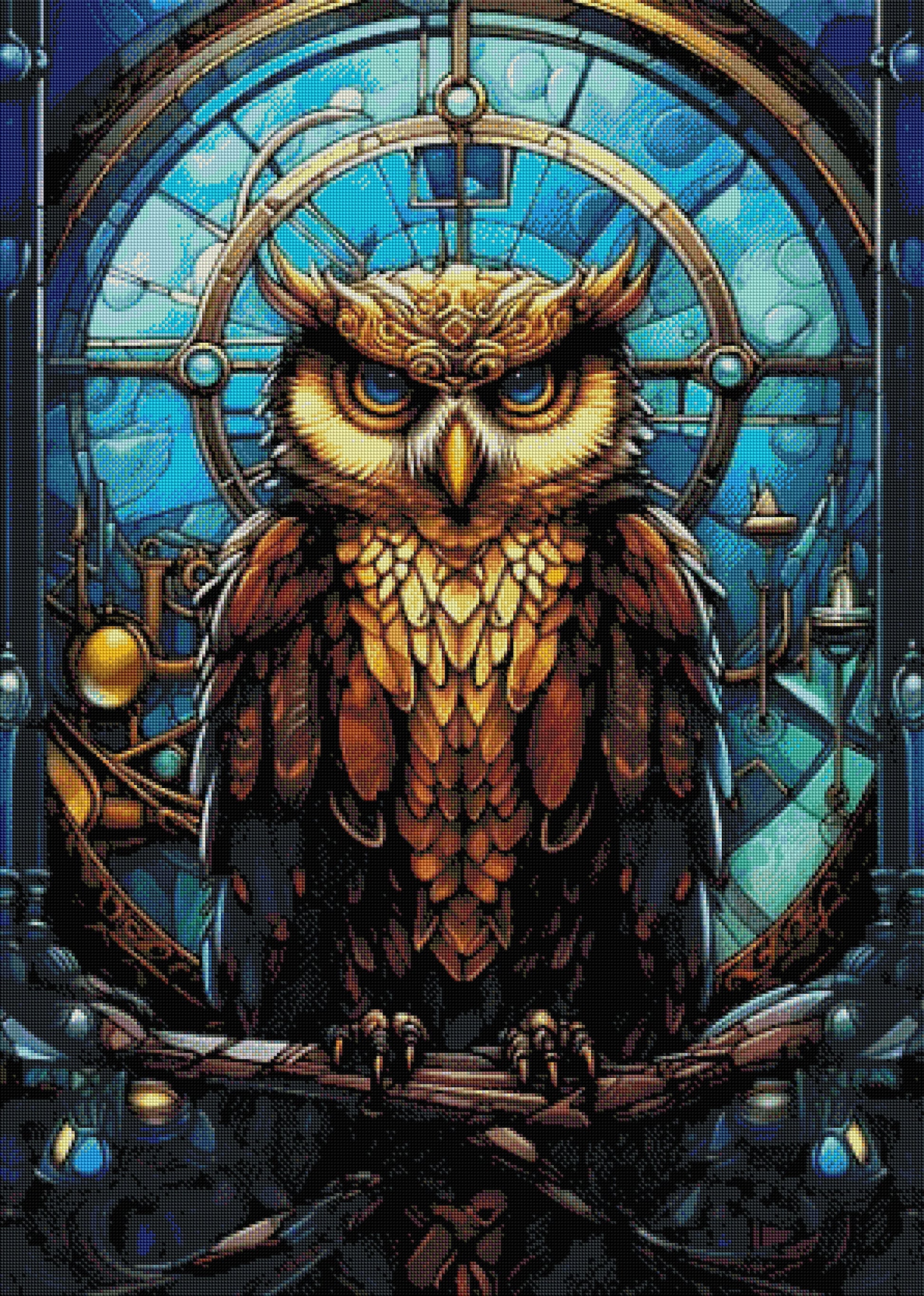 Gerahmtes 5D Diamond Painting Wandbild mit dem Motiv einer Steampunk Eule vor einem Uhrwerk zur Raumdekoration.