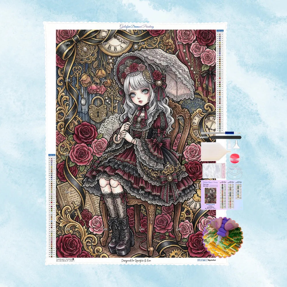 5D Diamond Painting Set mit Mädchen im Gothic-Kleid, roten Rosen und Vintage-Uhren.
