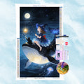 5D Diamond Painting Set mit einer kleinen Hexe und einer Katze auf einem leuchtenden Wal, die im Meer nach einem Stern angeln.