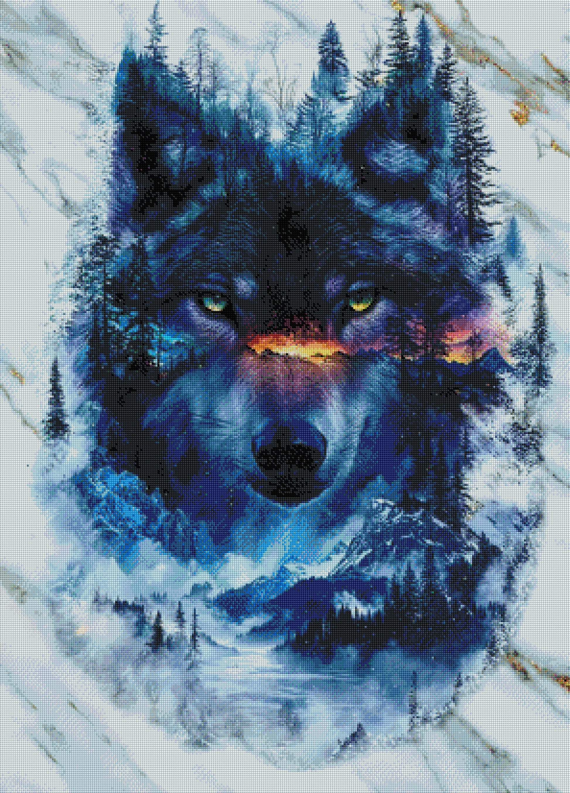 Gerahmtes 5D Diamond Painting Wandbild mit dem Motiv eines surrealen Wolfsgeistes zur Raumdekoration.