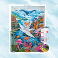 Diamond Painting Set mit Elfe auf Taube, Blauwal und bunter Unterwasserwelt mit Korallen